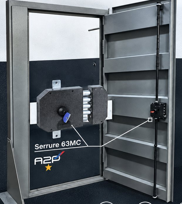 Bloc-porte acier Héraclès ouvert, équipé de la serrure multipoints 63MC en applique